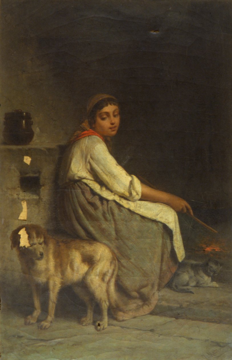 Woman with Dog and Cat by Fireplace by Giuseppe Mazza