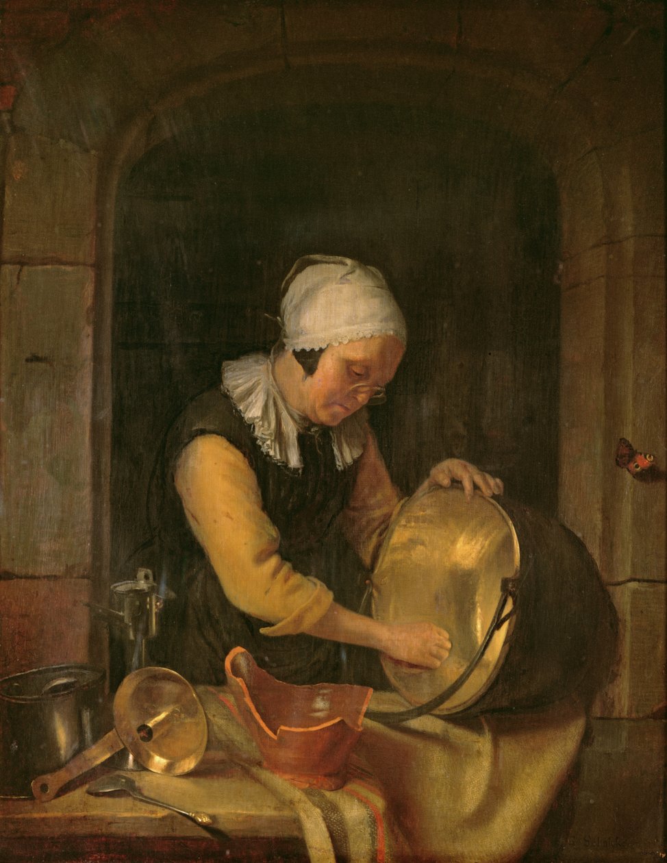 An Old Woman Scouring a Pot by Godfried Schalcken