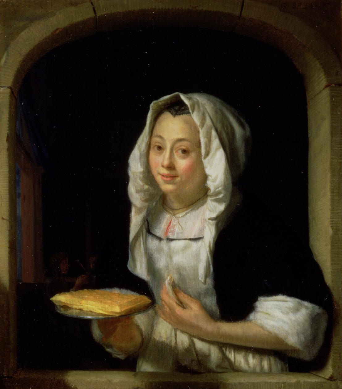 Portrait of a maid holding a waffle by Godfried Schalcken