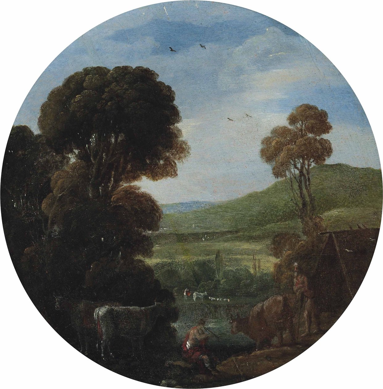A Wooded River Landscape with Drovers and Their Cattle by Goffredo Wals