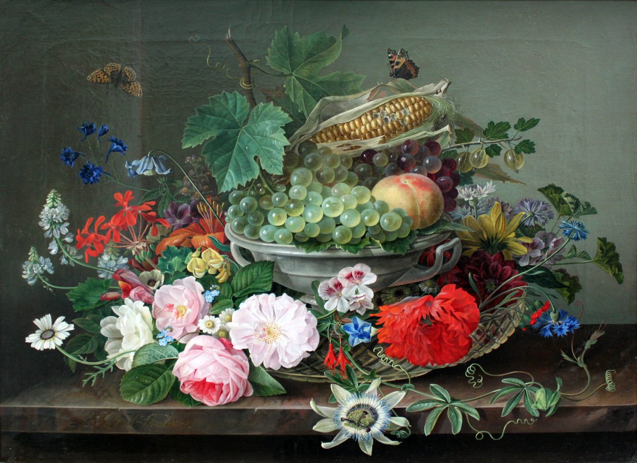 Still Life with Fruit Basket by Gottfried Wilhelm Voelcker