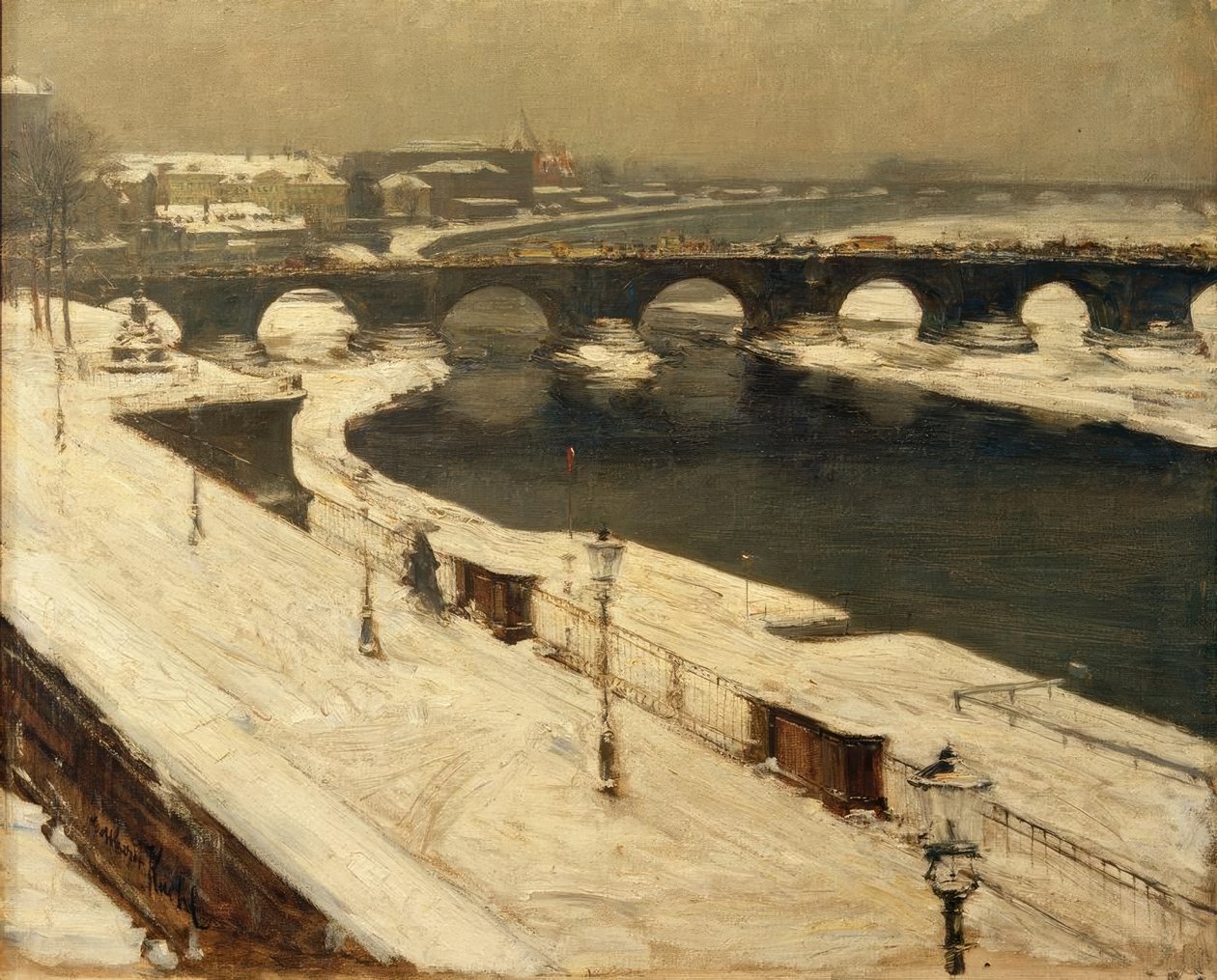 Elbe and Augustus Bridge in Winter by Gotthardt Johann Kuehl