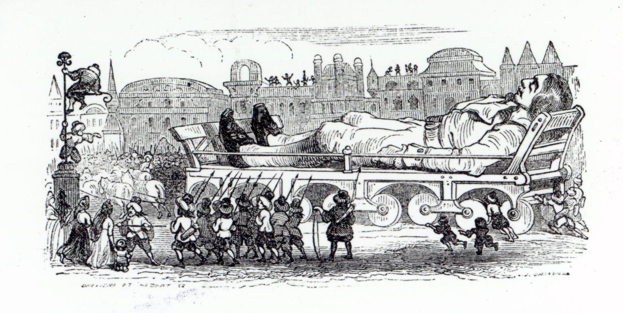 Gulliver Being Transported to the Lilliputian Capital, an Illustration from 