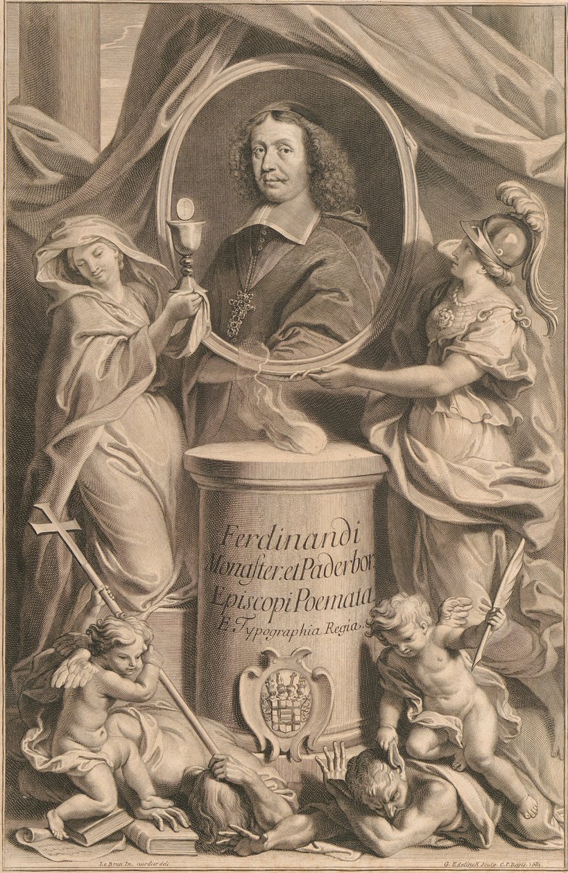 Two Female Figures, Religion and Wisdom, hold the Bust of Ferdinand of Fürstenberg, while at their feet their Genii trample Heresy and Ignorance. by Gérard Edelinck