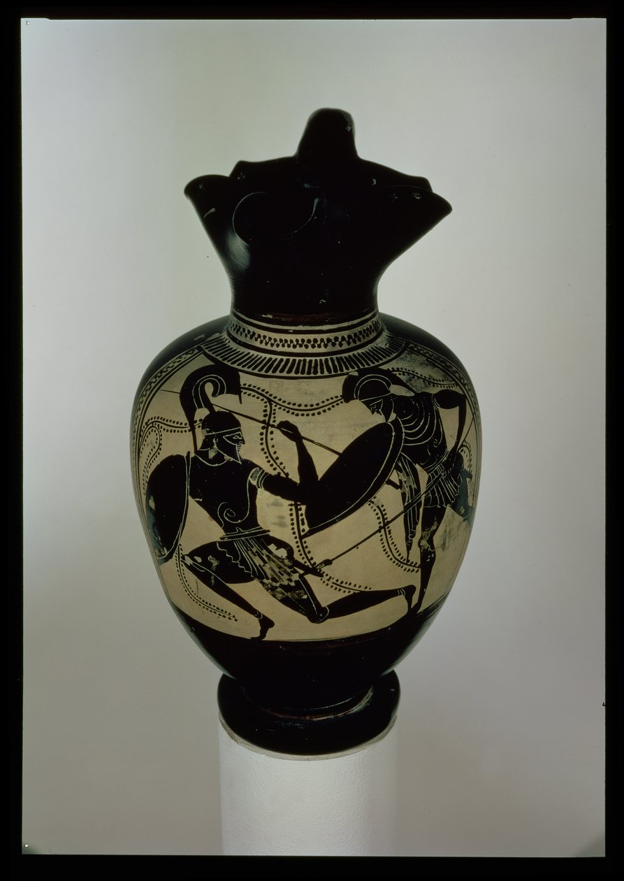 Athenian black-figure oinichoe decorated with two fighting warriors by Greek