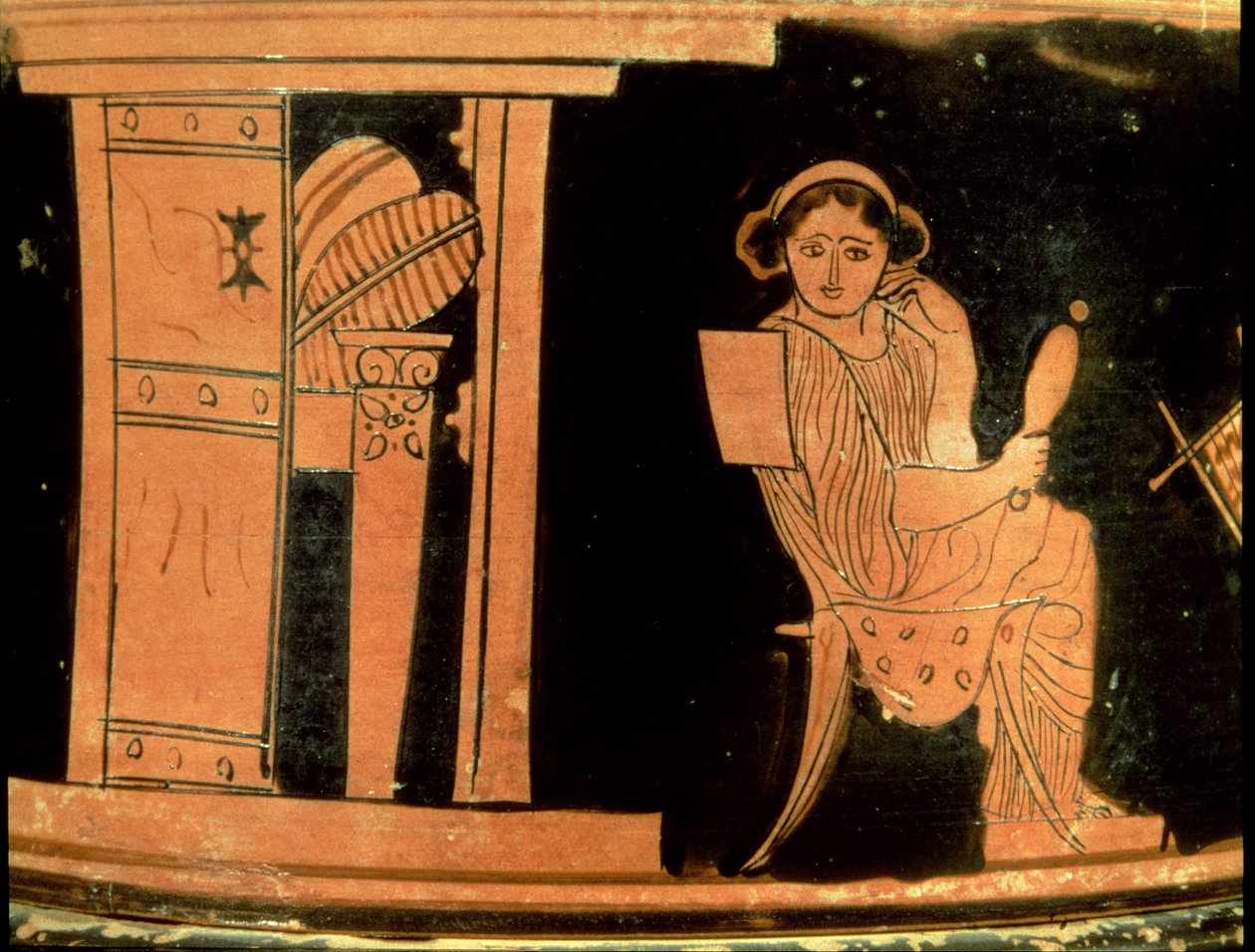 Attic red figure pyxis depicting a bride, 5th century BC by Greek