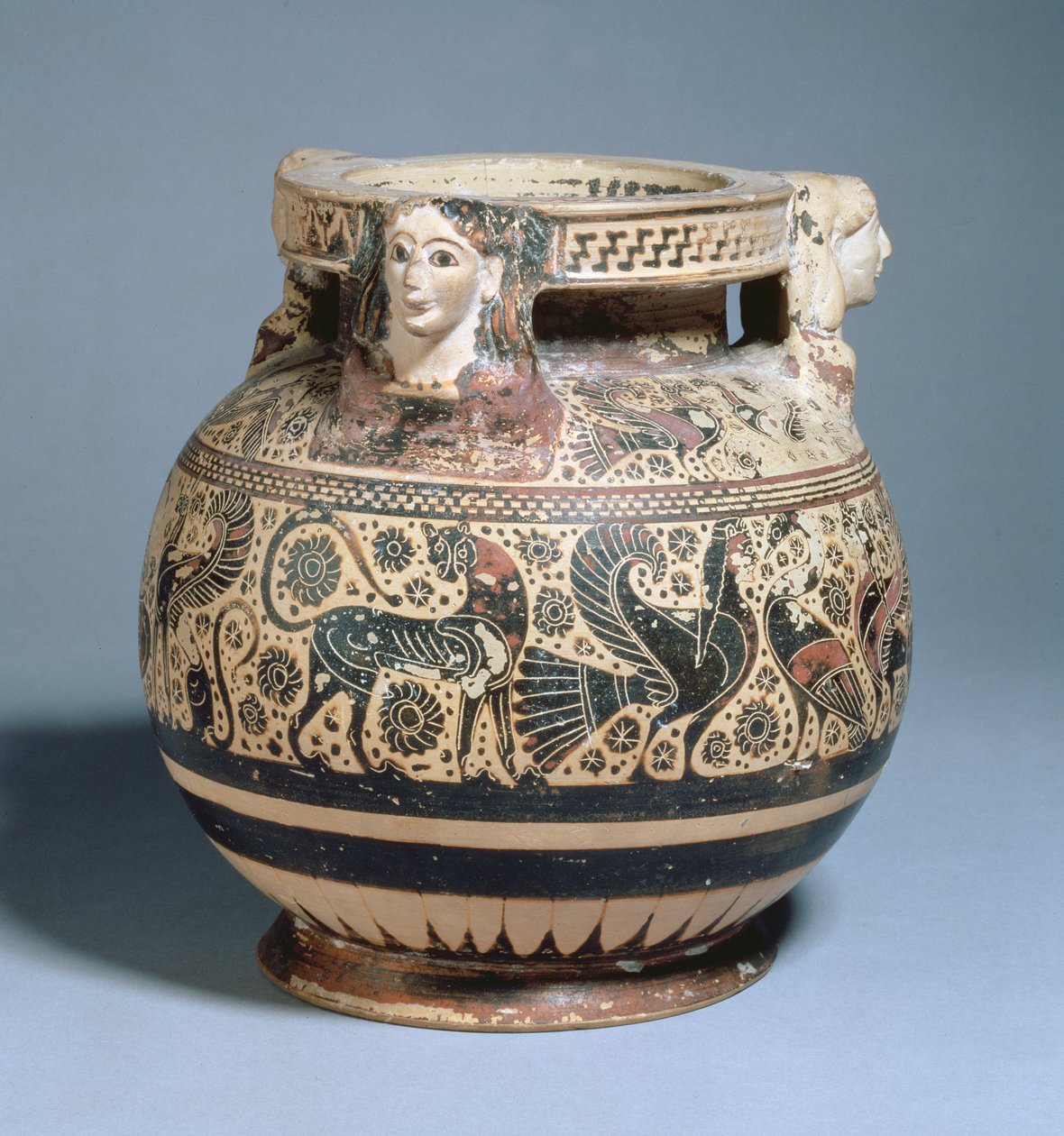 Pyxis used as an ash-urn and decorated with rows of griffins, swans and sirens Middle Corinthian Period, c.600-575 BC by Greek