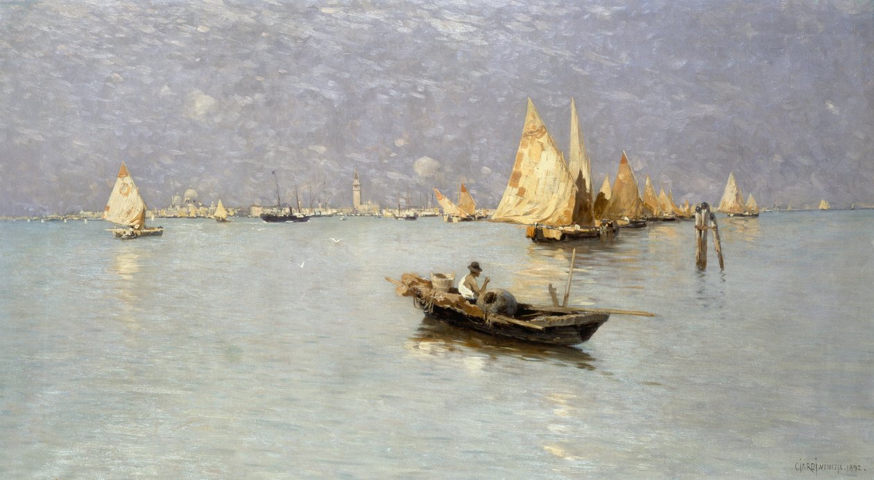 Sailing boats in Venetian lagoon by Guglielmo Ciardi