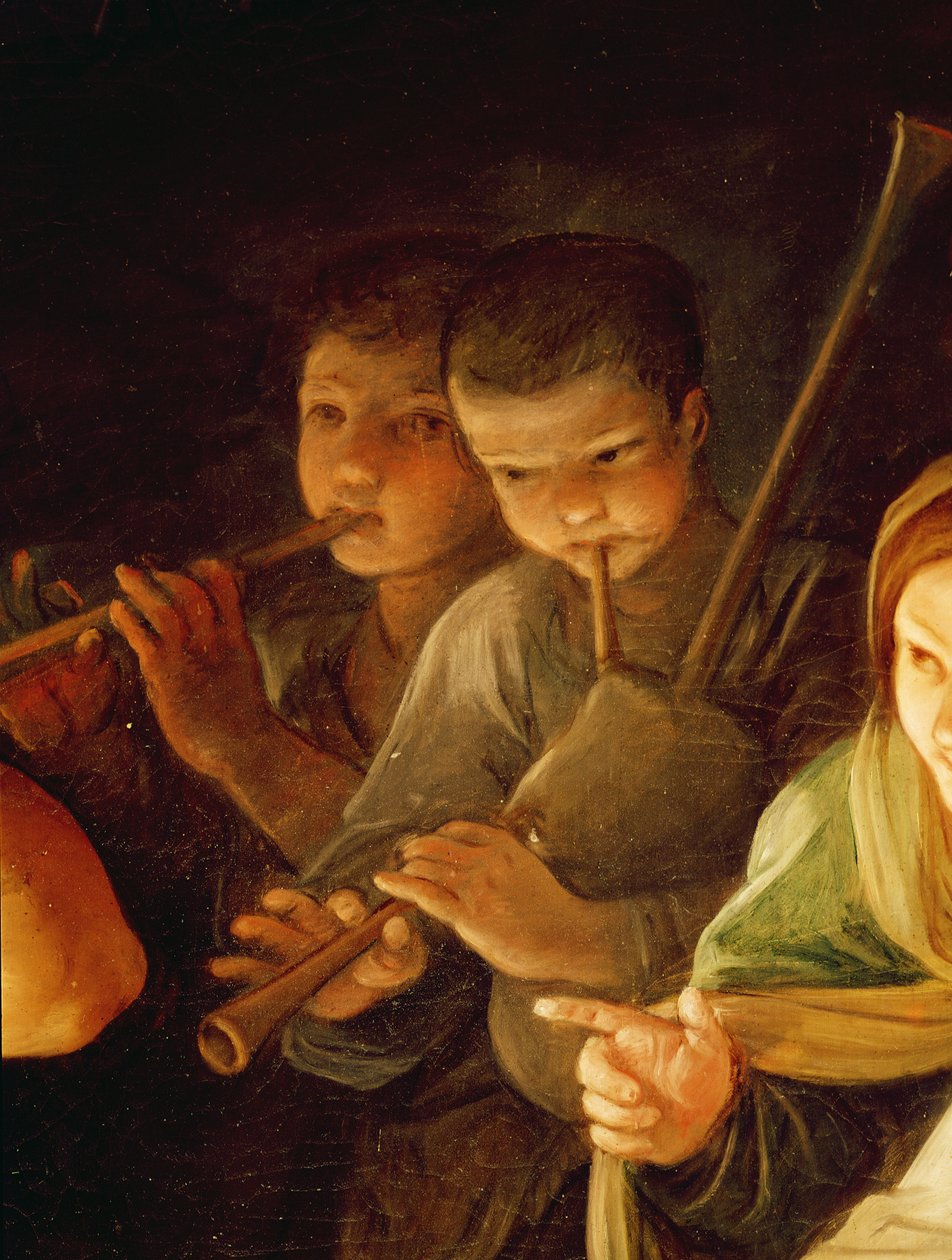 Adoration of the Shepherds (detail of the young musicians in the background) by Guido Reni