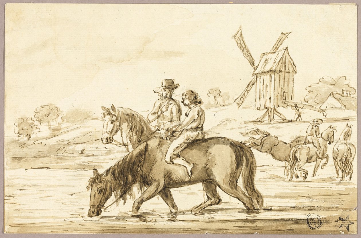 Watering Horses near Windmill by Guillaume Courtois