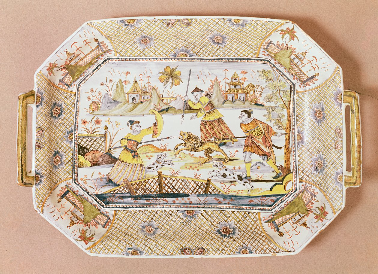 Octagonal dish with a chinese pattern of a lion hunt by Guillibaud