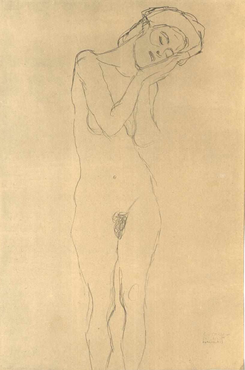 Nude Girl from the Front with Hand on Cheek by Gustav Klimt