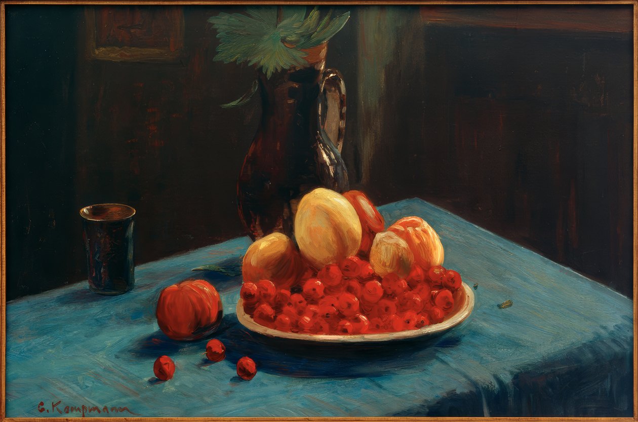 Fruit Still Life on Blue Tablecloth by Gustav Kampmann