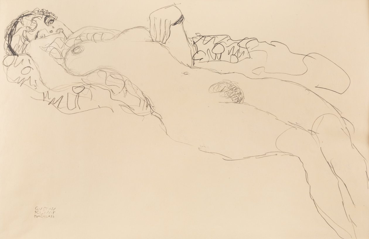 Recumbent female nude, toward the left, 1917 by Gustav Klimt
