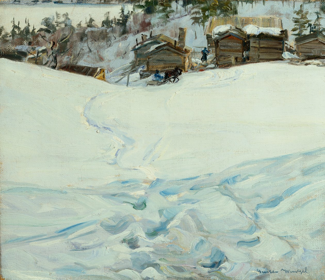 Mountain Farm in Winter Landscape by Gustav Wentzel