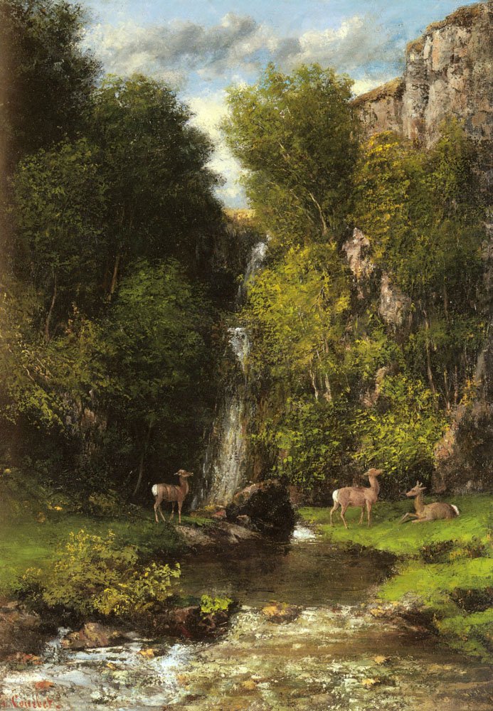 A Family of Deer in a Landscape with a Waterfall by Gustave Courbet