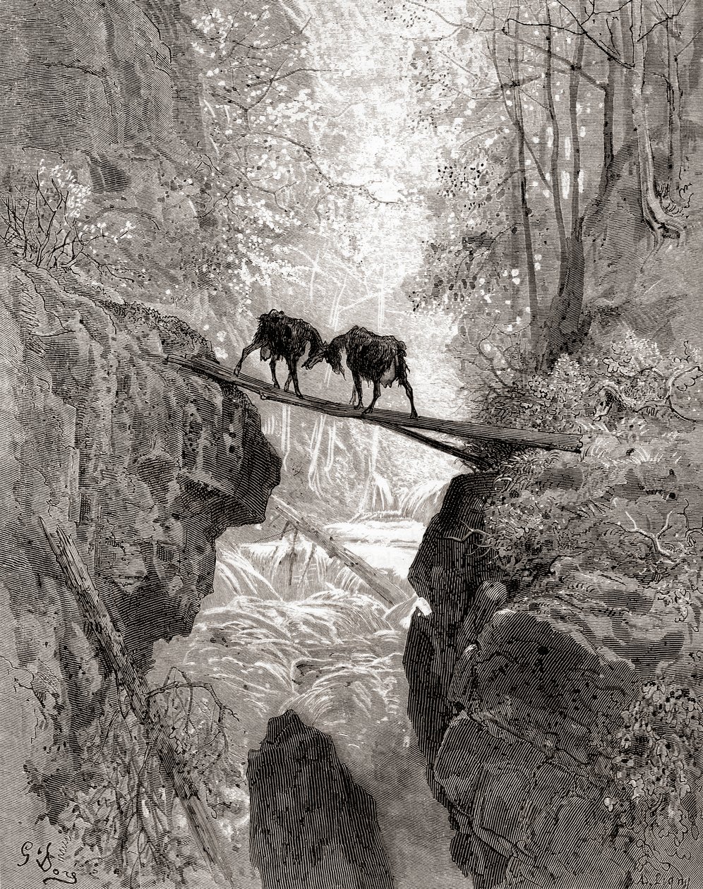 The Two Goats, from a late 19th century edition of Fables de La Fontaine by Gustave Dore