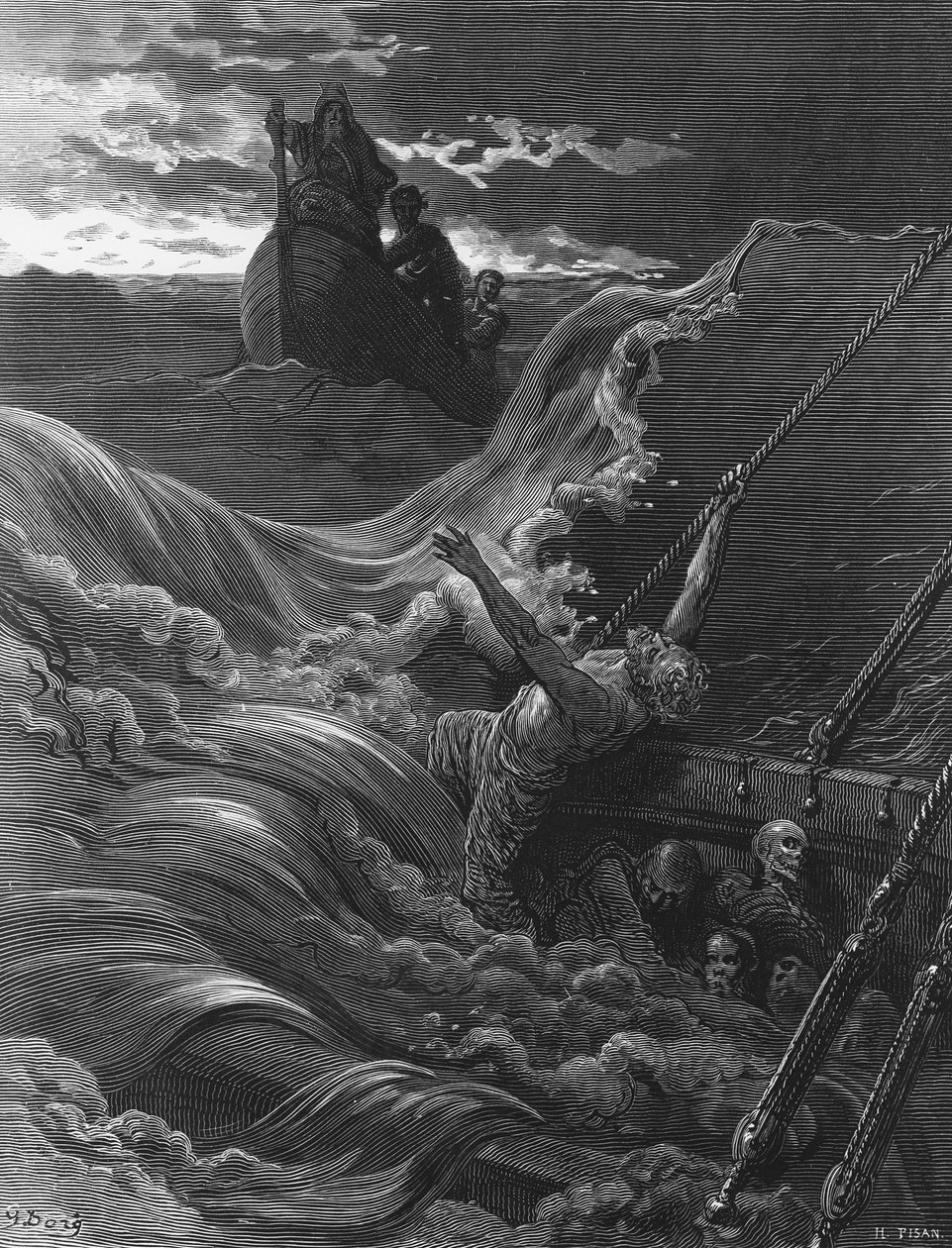 The mariner, as his ship is sinking, sees the boat with the Hermit and Pilot, scene from 