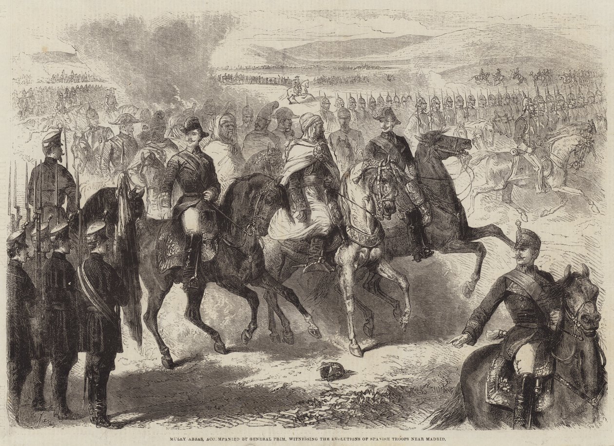 Muley Abbas, accompanied by General Prim, witnessing the Evolutions of Spanish Troops near Madrid by Gustave Janet