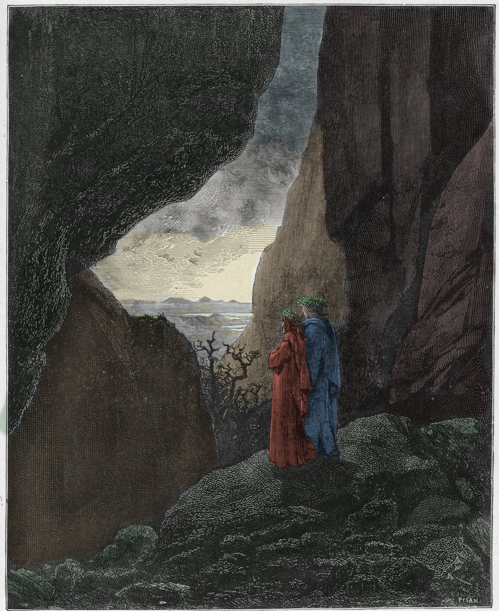 Inferno, Canto 34: Virgil and Dante ascend to the upper world (illustration from The Divine Comedy) by Gustave after Dore