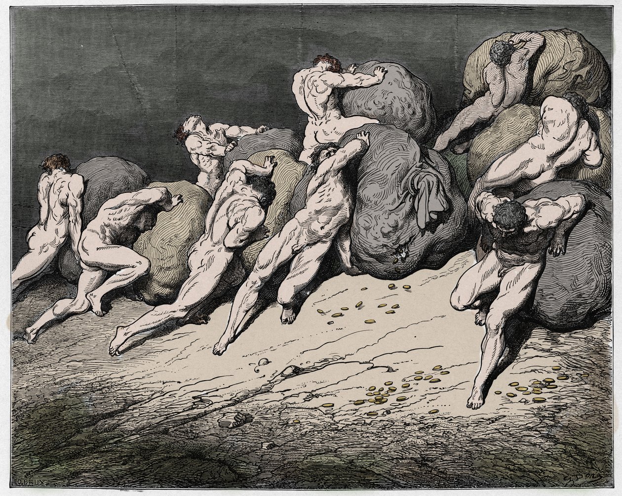 Inferno, Canto 7: The souls of the avaricious and the prodigal forced to roll heavy stones (illustration from The Divine Comedy) by Gustave after Dore