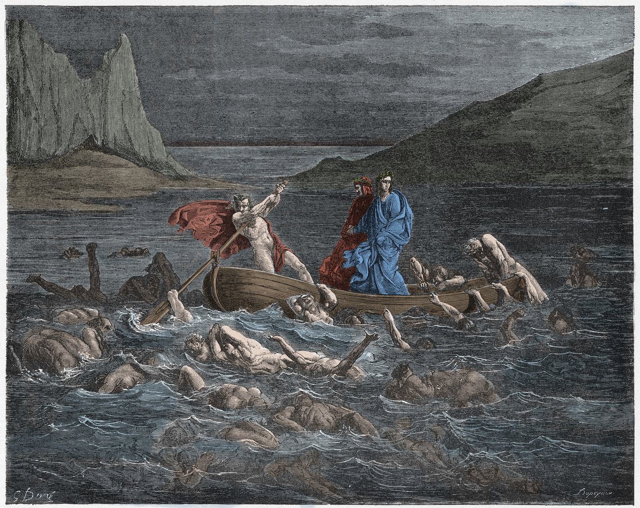 Inferno, Canto 8: Phlegyas ferries Dante and Virgil across the Styx (illustration from The Divine Comedy) by Gustave after Dore