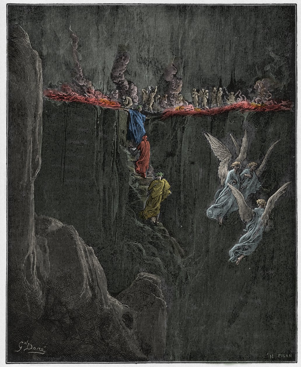 Purgatorio, Canto 25: Virgil and Dante ascend to the seventh circle through flames (illustration from The Divine Comedy) by Gustave after Dore