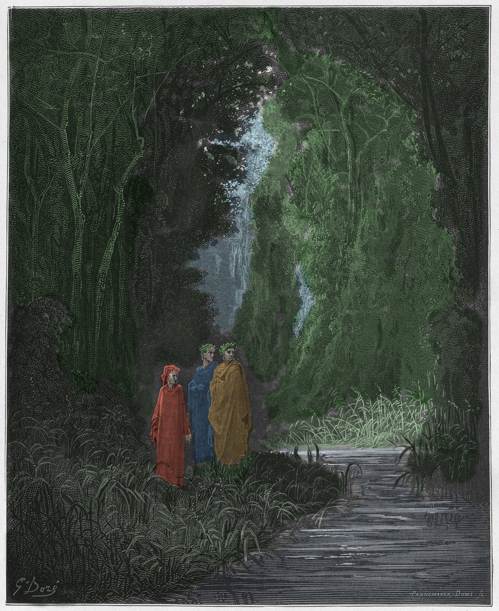 Purgatorio, Canto 28: Dante, Virgil, and Statius in the ancient forest of the terrestrial paradise (illustration from The Divine Comedy) by Gustave after Dore