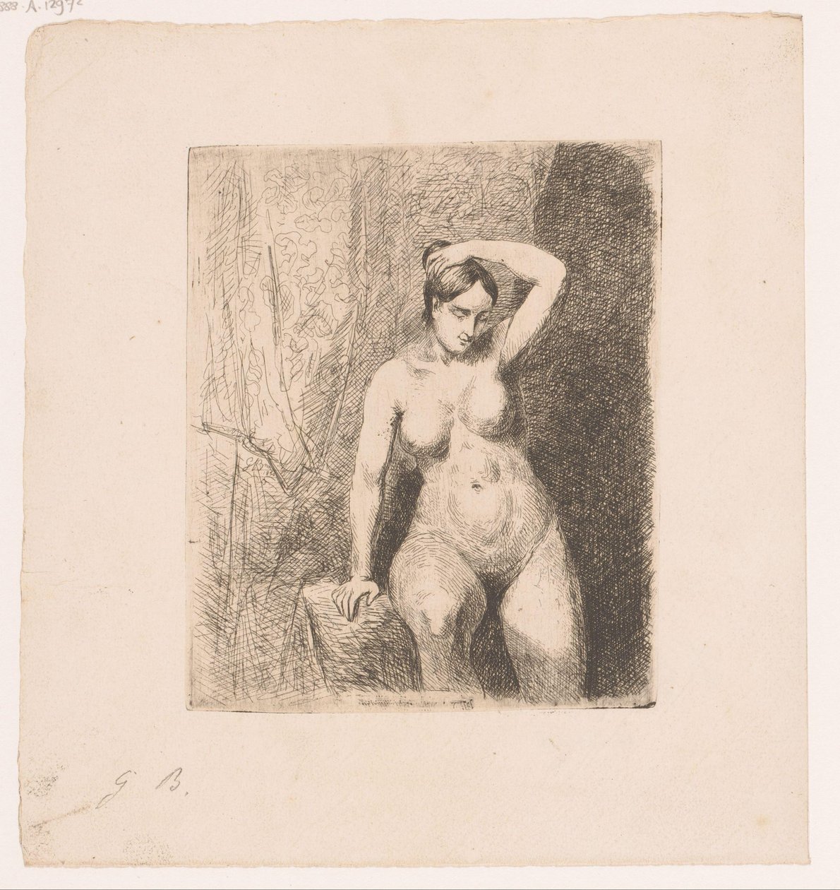 Seated Naked Woman Holding Her Bun by Gustave Buschmann