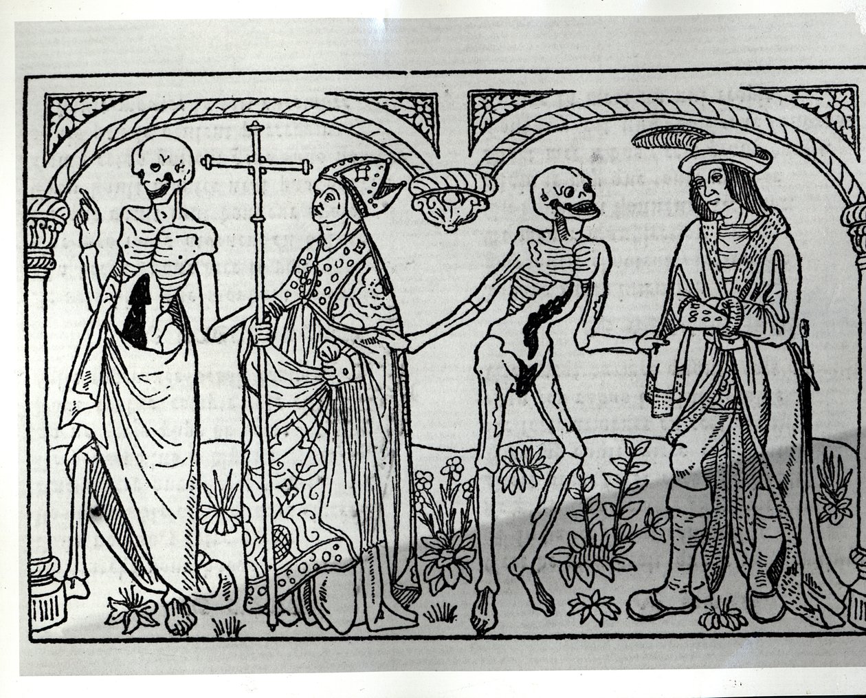 Death taking the Bishop and the Nobleman, from the Danse Macabre, published Paris, 1485 by Guy Marchant