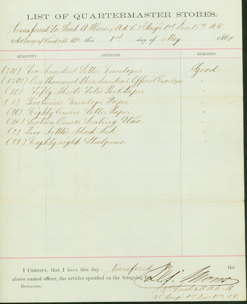 Lists Items Transferred to Lieutenant A. Horn by H. F. Mons