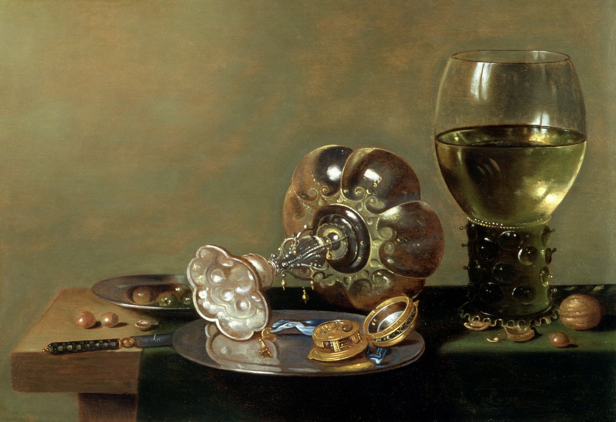 A still life with glass of wine, tazza and a pewter plate by Hans van Sant