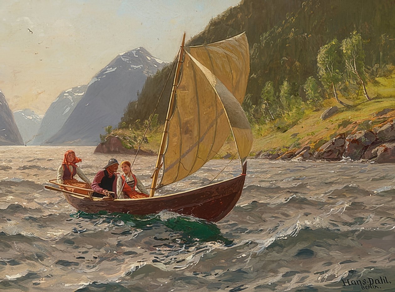 Sailing Party in Norwegian Fjord Landscape by Hans Dahl