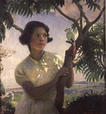 Girl with a Toy Parrot by Harold Harvey