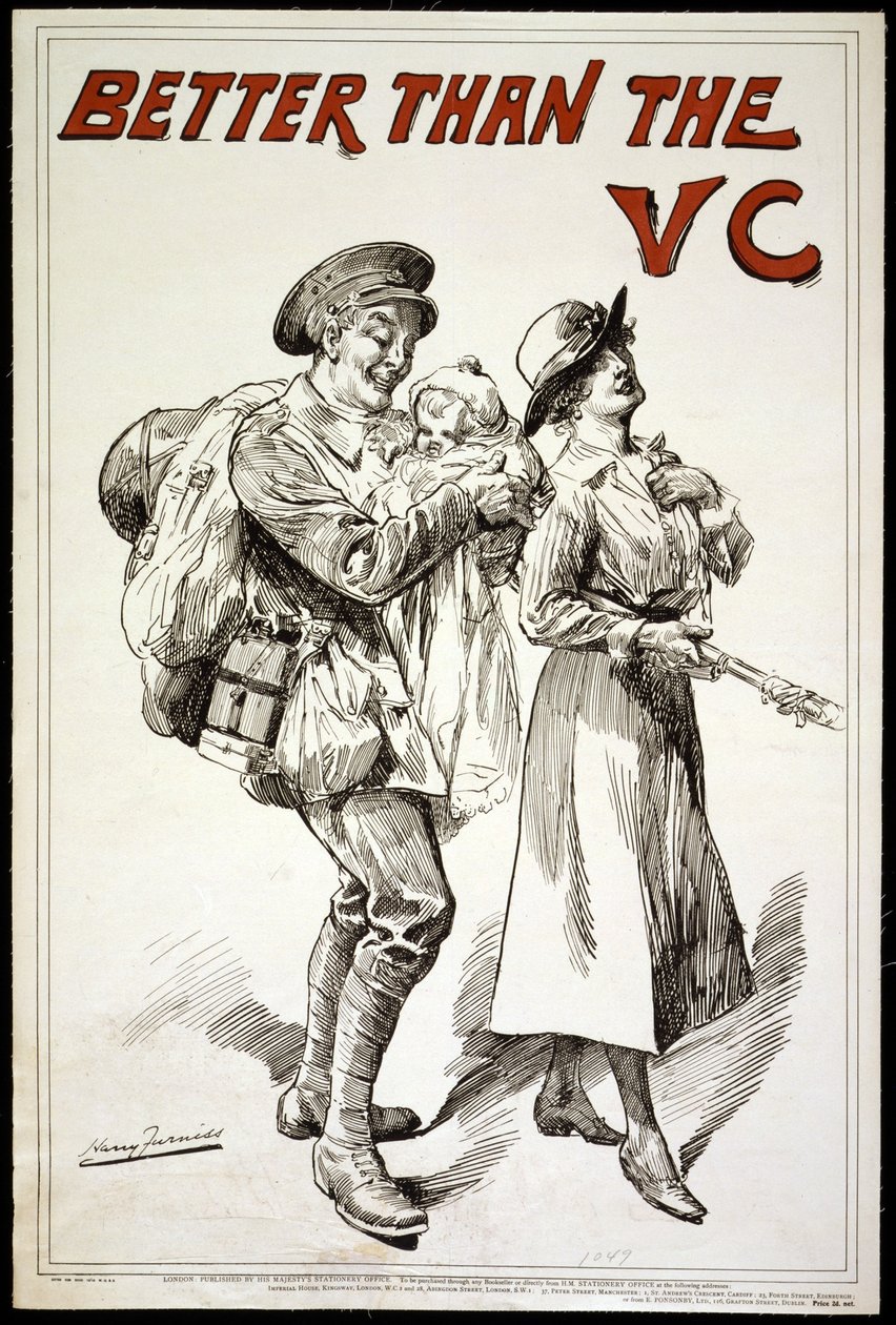 Better than the VC - Poster Showing a Soldier Holding a Baby, as He Follows His Wife, 1918 by Harry Furniss