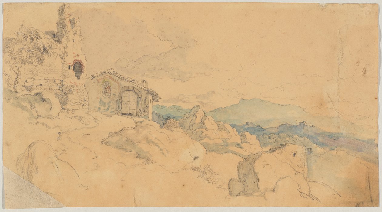 Mountain Landscape with Hut and Ruin by Heinrich Burkel