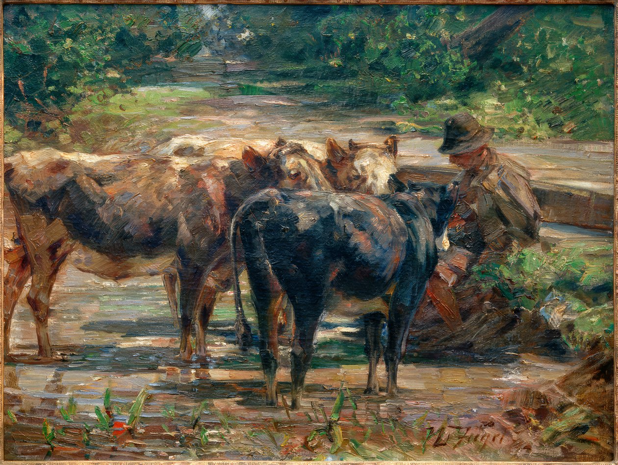 Shepherd with Calves by Heinrich von Zügel