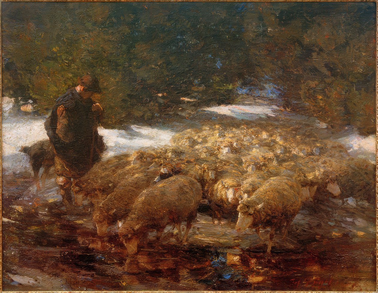 Shepherd with Sheep in Landscape by Heinrich von Zügel