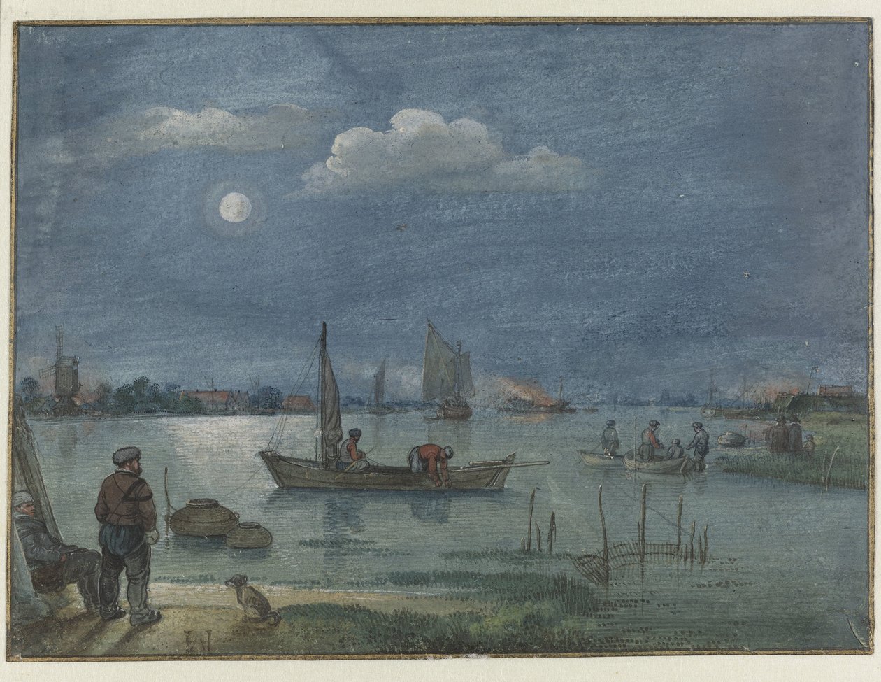 Moonlit River Landscape with Fishermen by Hendrick Avercamp