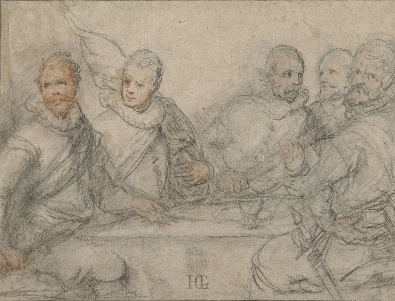 Five Officers, Study for a Militia Meal by Hendrick Goltzius