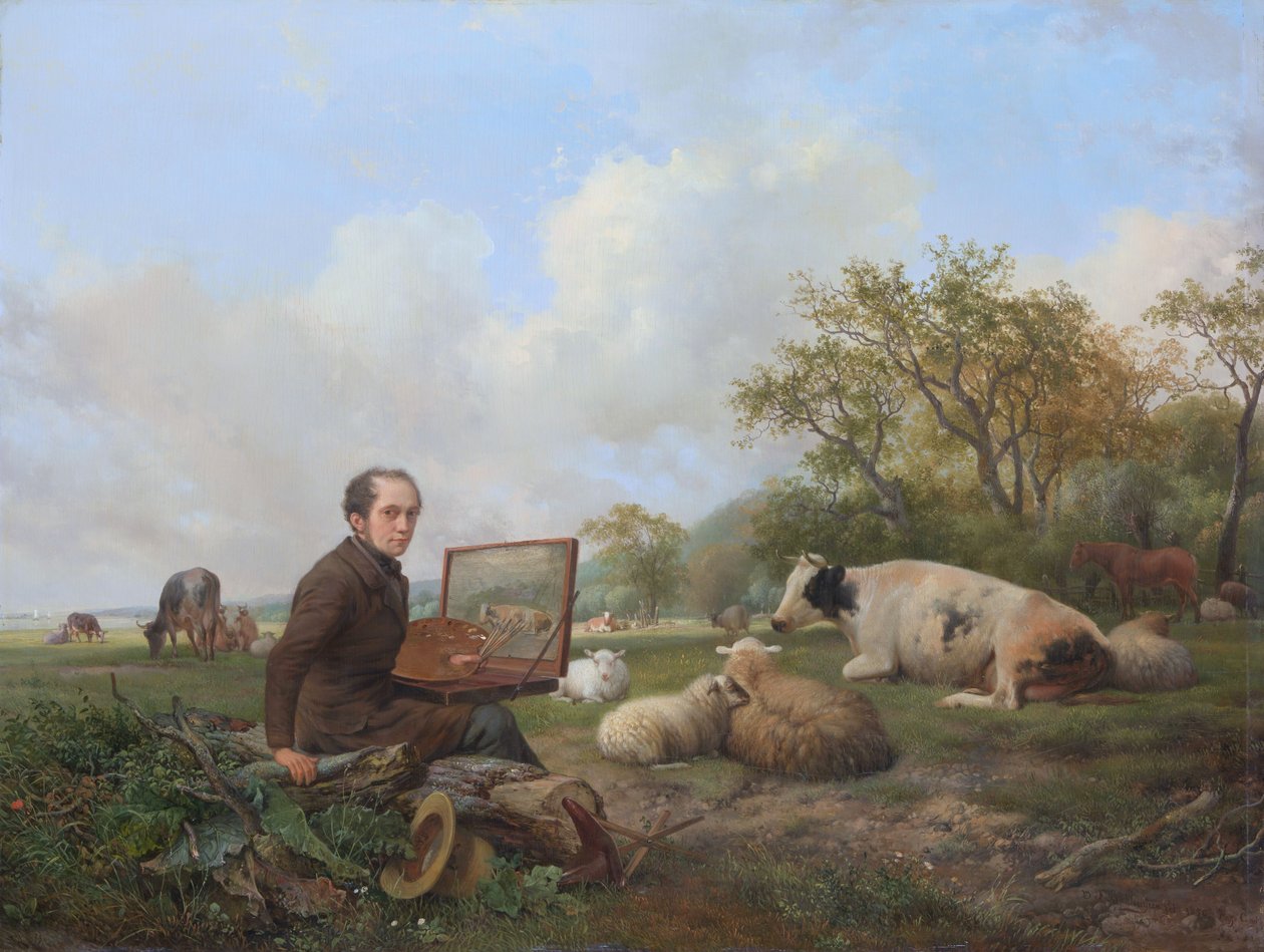 The Painter Himself, Painting in a Meadow Landscape with Cattle by Hendrick van de Sande Bakhuyzen