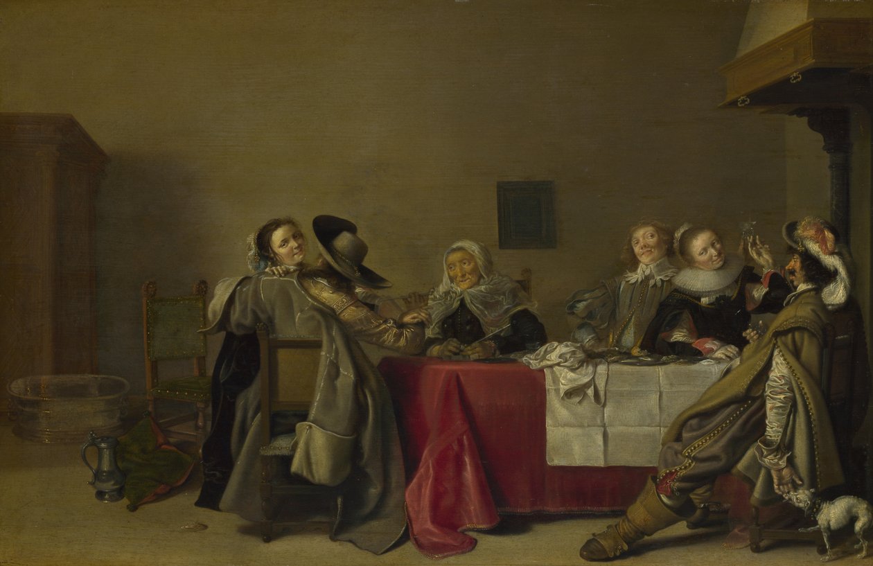 A Merry Company at Table by Hendrik Gerritsz. Pot