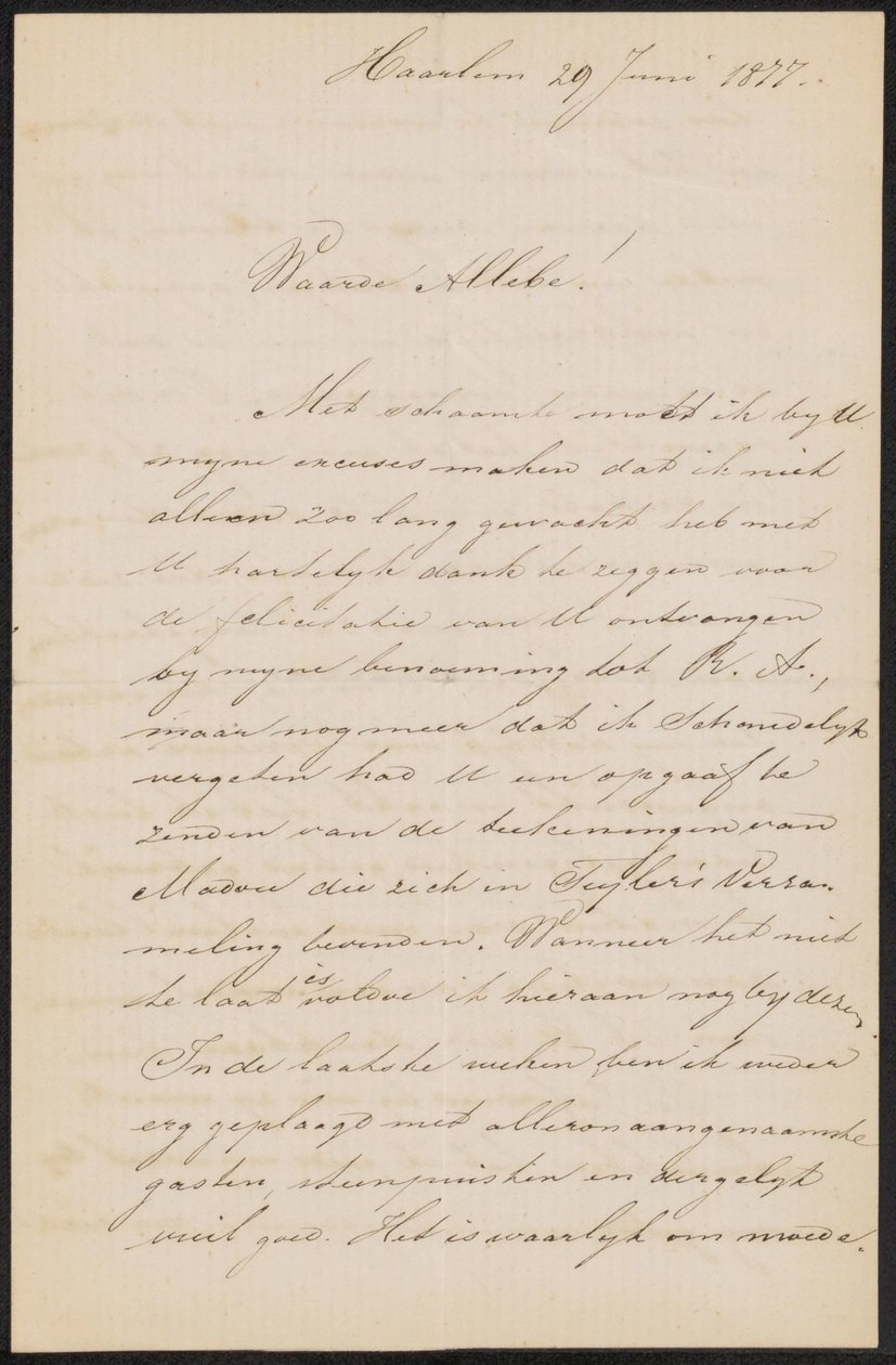 Letter to August Allebé by Hendrik Jacobus Scholten