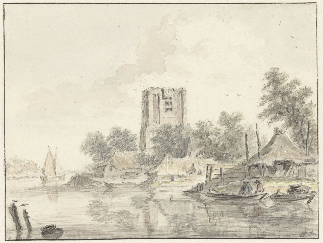 River Landscape with a Large Blunt Church Tower by Hendrik Spilman