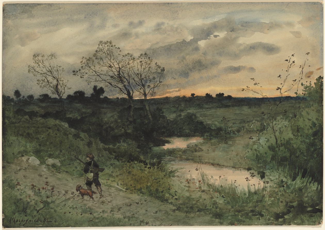 Dawn—Hunter with Dog by Henri Joseph Harpignies