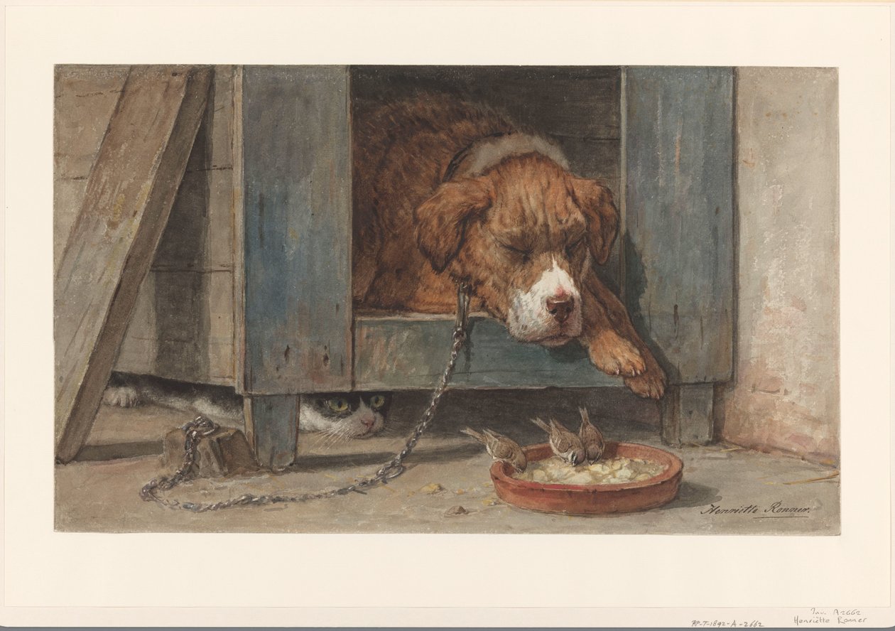 Cat Spies Birds near a Sleeping Dog by Henriëtte Ronner