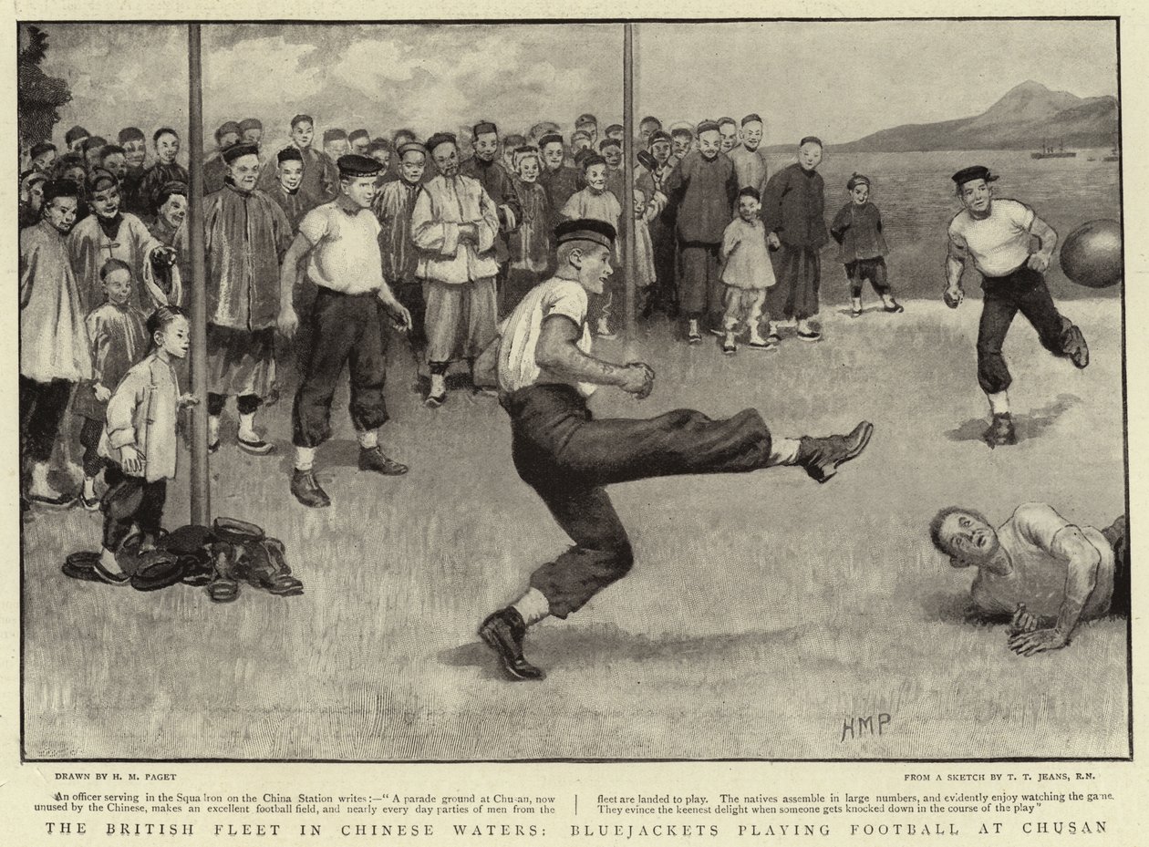 The British Fleet in Chinese Waters, Bluejackets playing Football at Chusan by Henry Marriott Paget