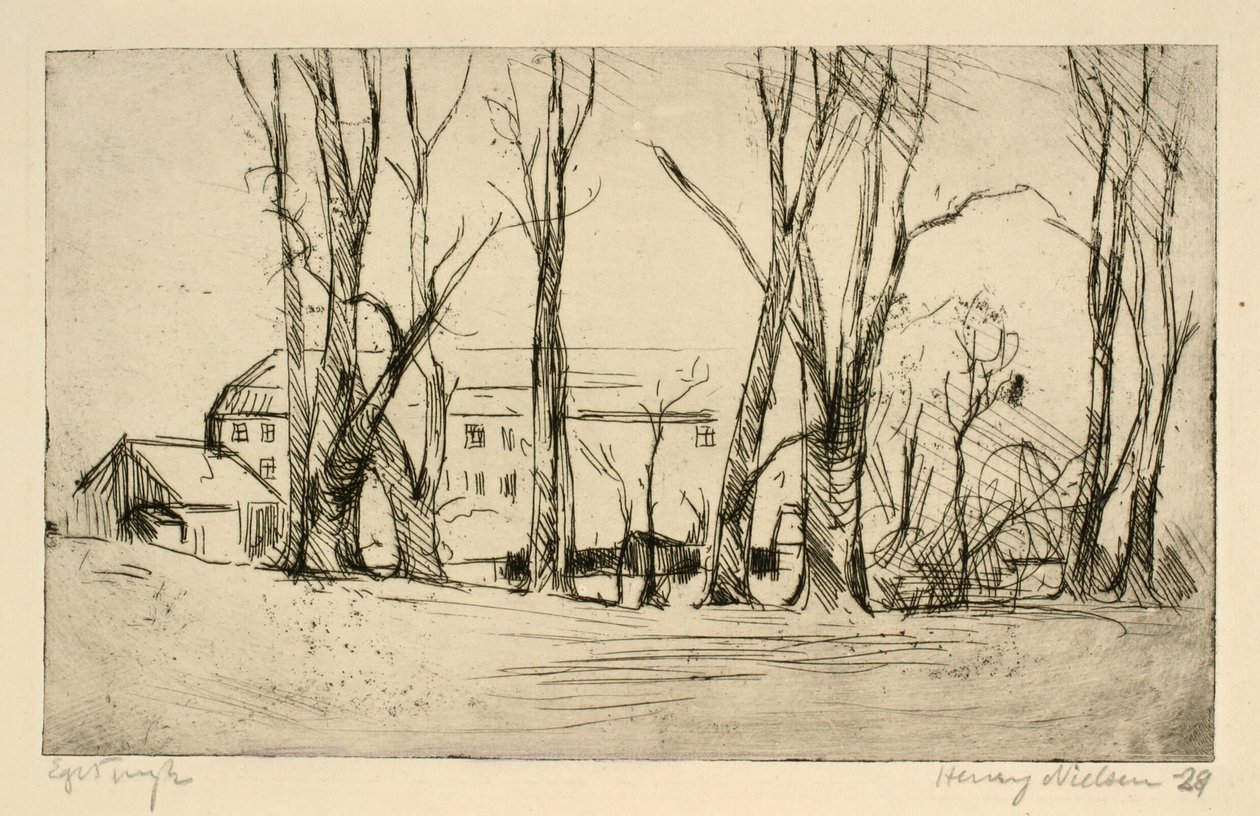 Hospital-like building seen between large trees by Henry Nielsen