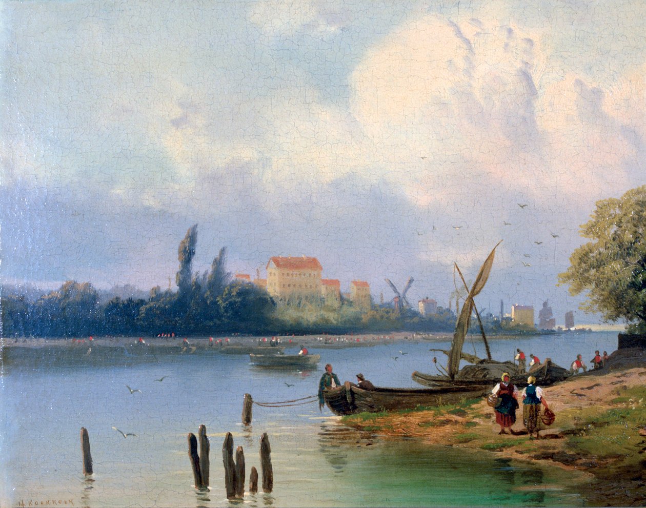 People by the Boats in Holland by Hermanus Koekkoek