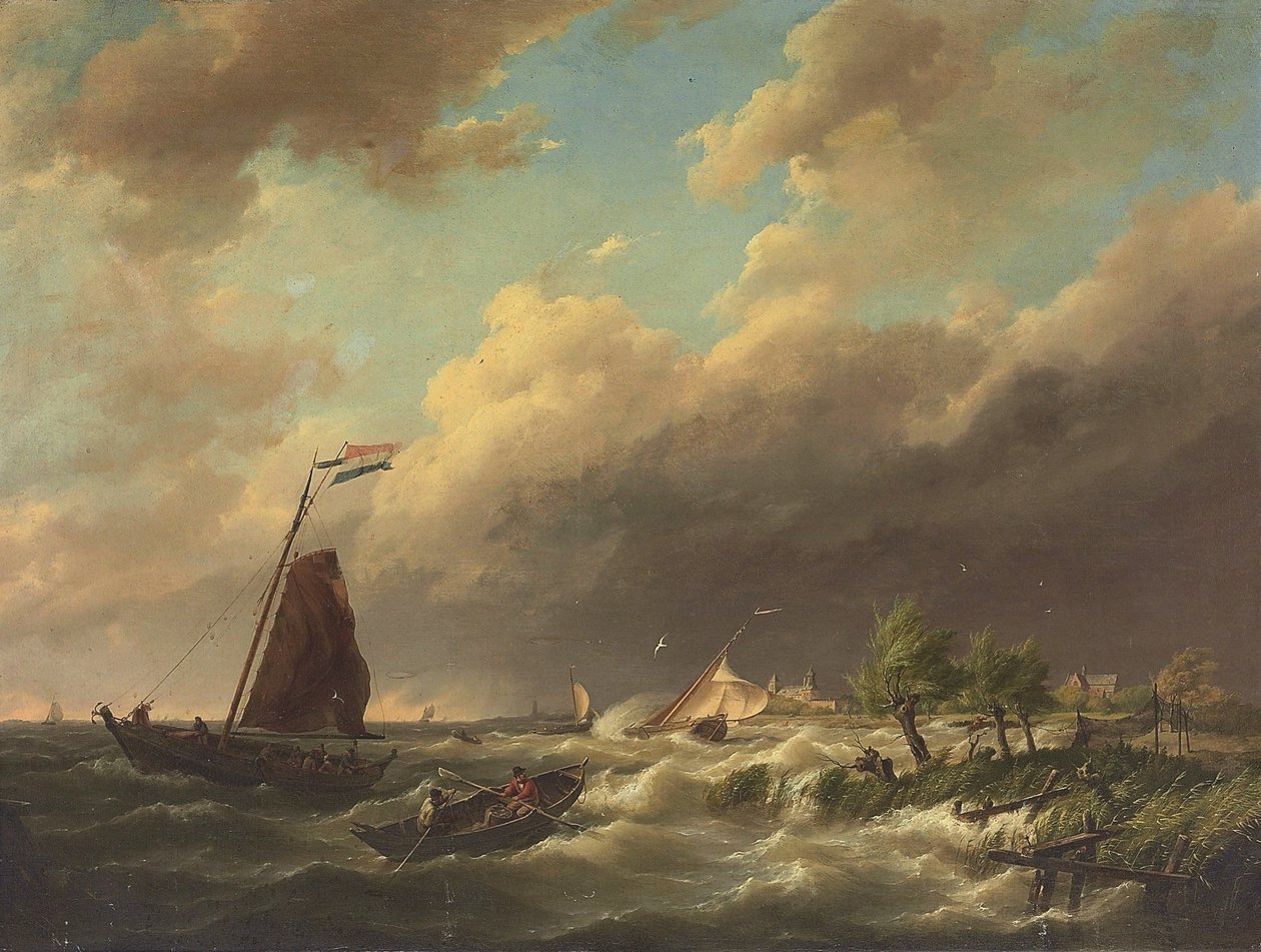 Stormy Coastal Scene with Town Beyond by Hermanus Koekkoek